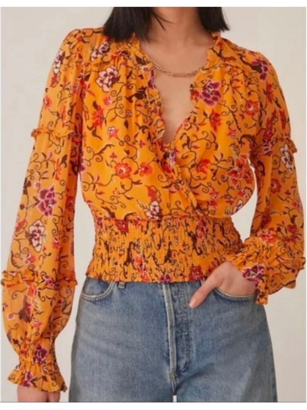 Anthropologie Golden Flower Printed Ruffle Top Size M